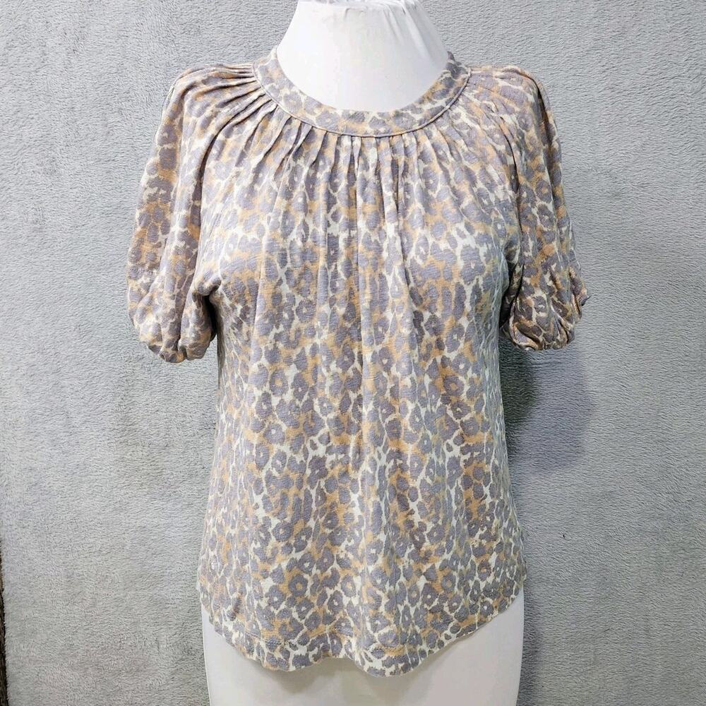 Maeve Anthropologie Linen Top Leopard Print Puff Sleeve Grey Womens Size X Small